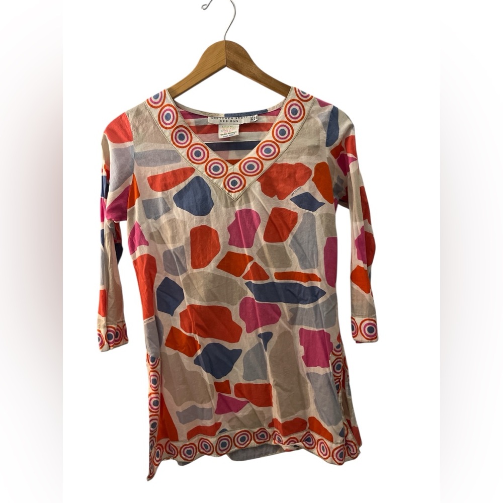 Gretchen Scott V Neck Tunic Top Size Extra Small Geometric Coastal Preppy